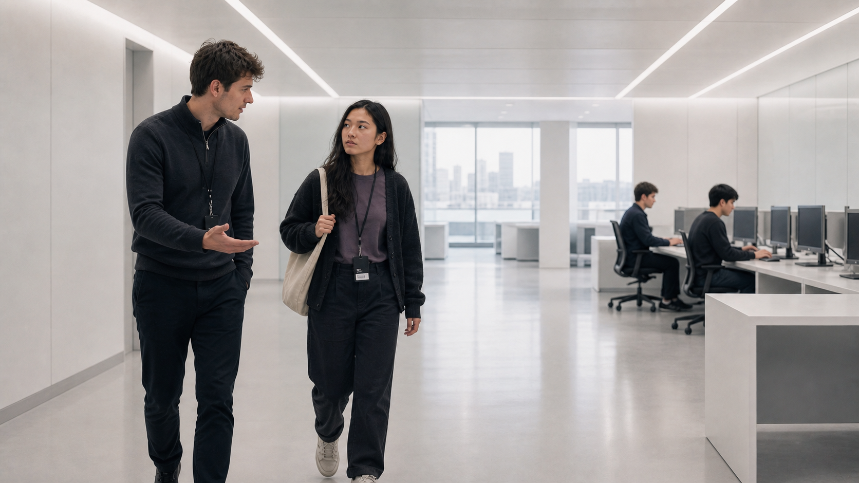 Bright Morrowvale evaluation floor with off-white integrated workstations