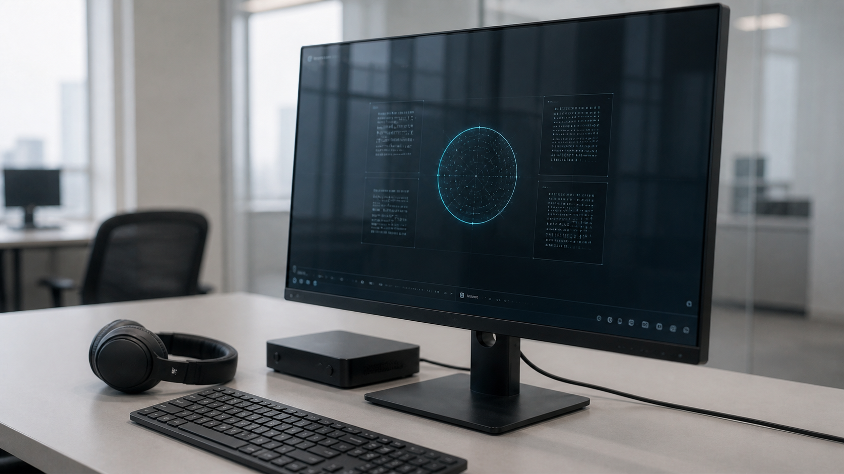 Aster represented by an empty evaluation workstation and a cyan status light