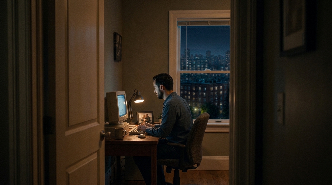 Gil alone at his desk under the window, seen from the office doorway