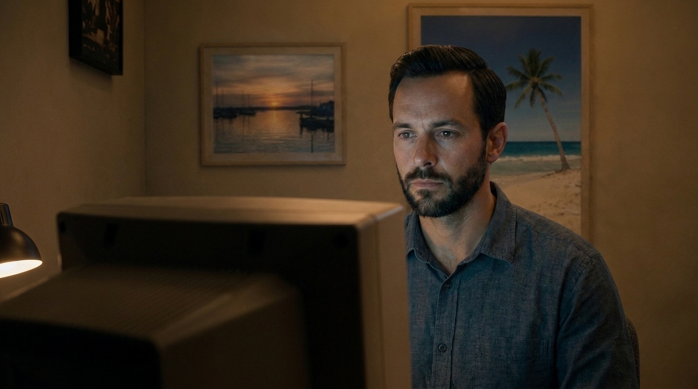 Gil at his monitor after the upgrade, seen from behind the screen, the harbour and beach pictures on the wall behind him