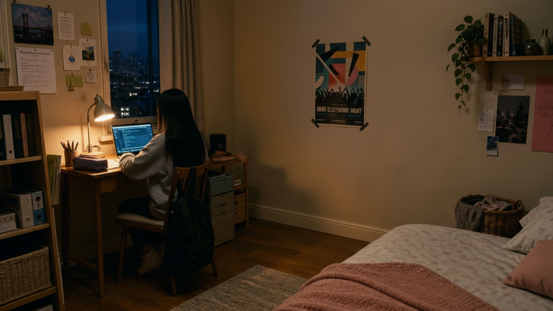 Samantha at her desk seen from the bedroom doorway