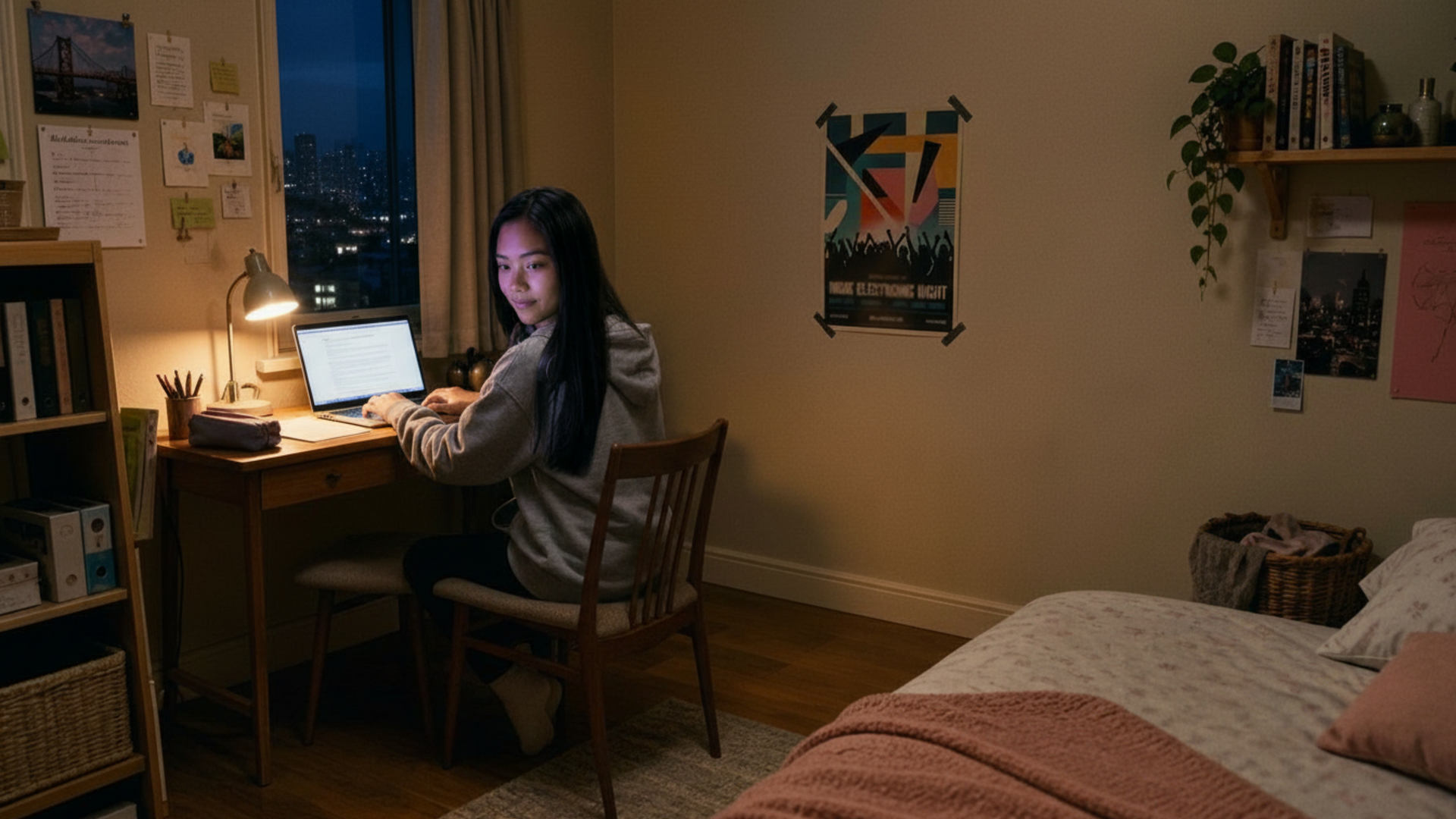 Samantha's room from a high corner as she works
