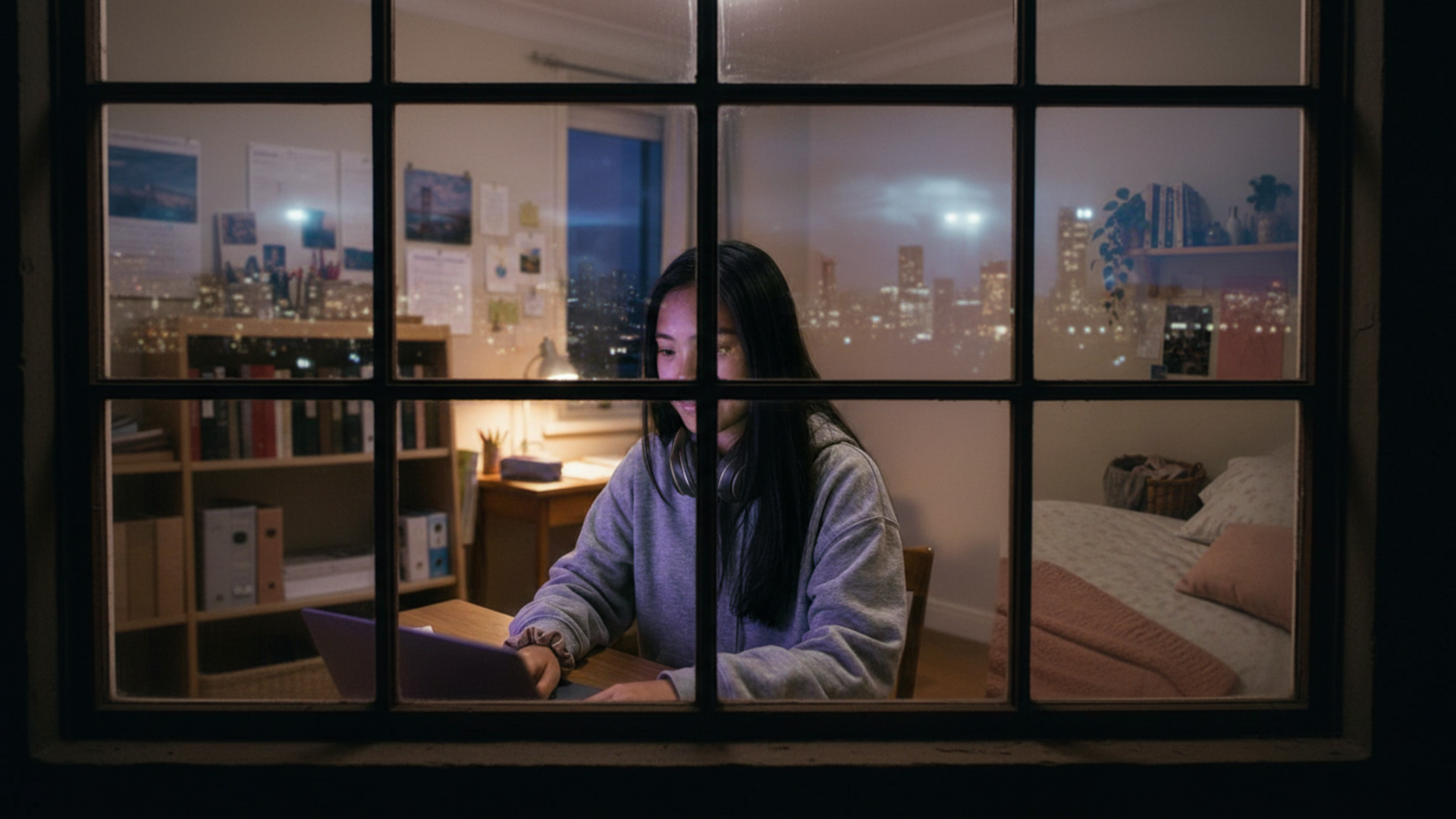 Samantha at her desk seen from outside the window